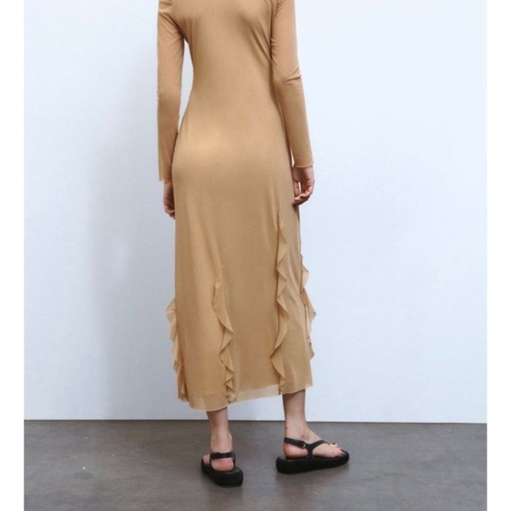 Zara Tan Long Sleeve Dress with Ruffle Accents